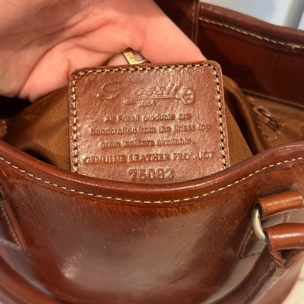 Fossil Mini Tote Hand Bag Womens Small Brown Leather Vintage Contrast Stitch